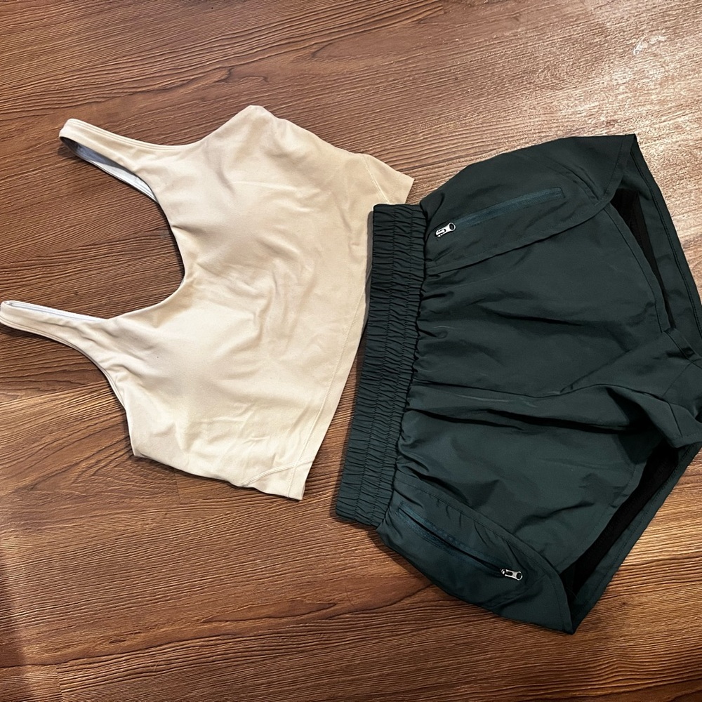 Beige Sports Bra and Black Athletic Shorts Set